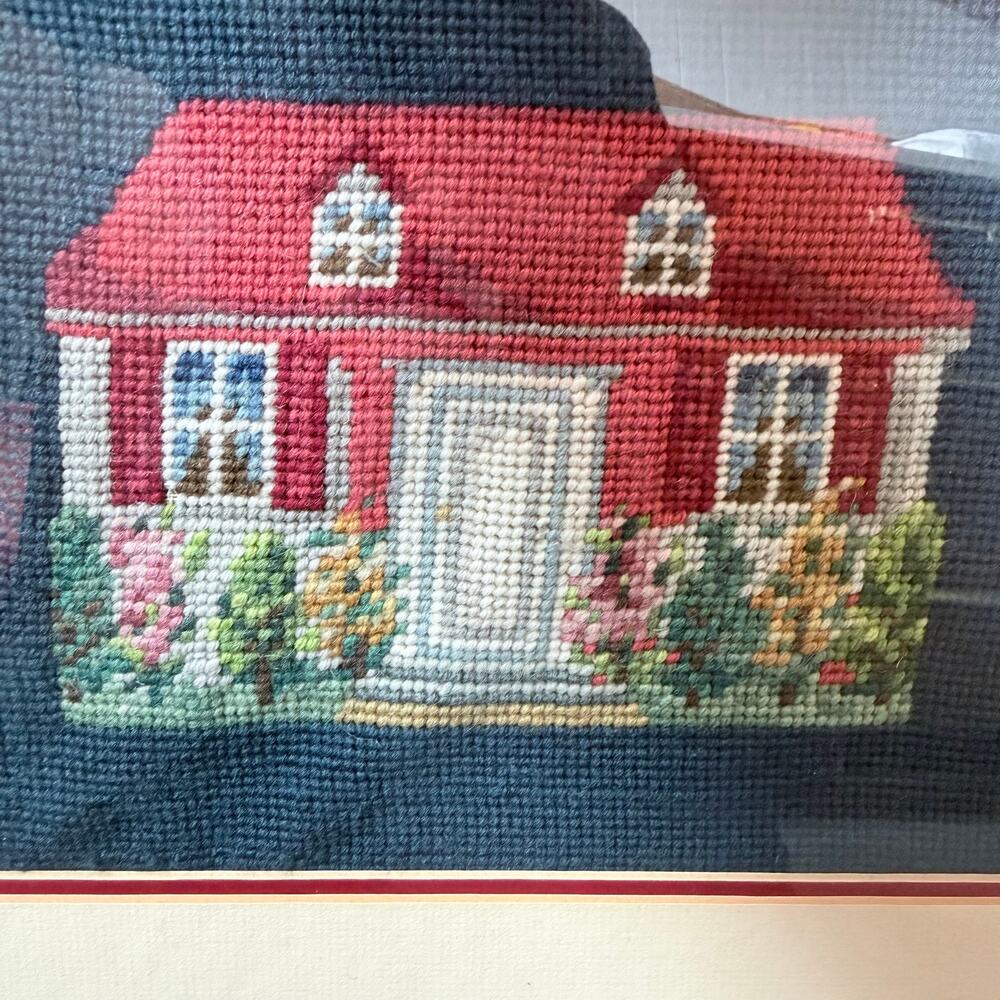 Vintage Framed‎ Needlepoint Art - Red Cottage House - Professionally Double Mat